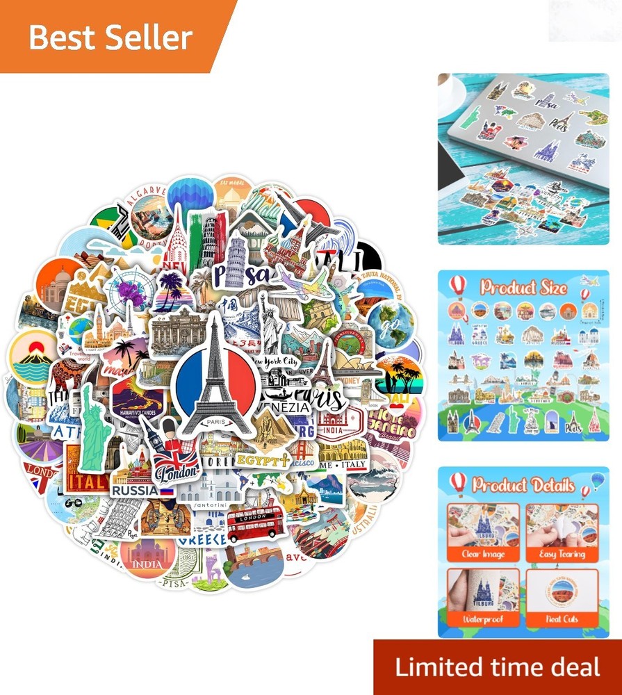 World Map Landmarks Stickers 100 Pcs Waterproof Vinyl Decals for Water Bottle…