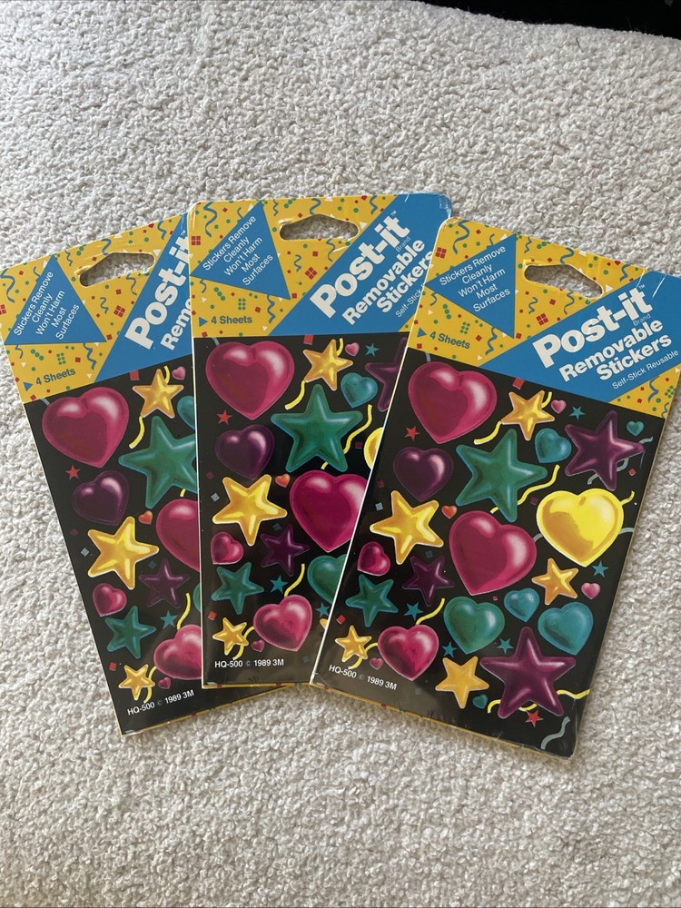3pk VTG 80s 90s POST IT removable Stickers – Hearts and Stars – 4 Sheets Each