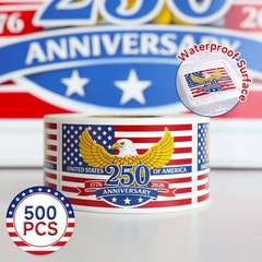 Patriotic 250th Independence Anniversary Stickers Roll American Flag Waterproof