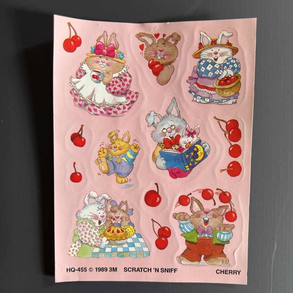 Vintage 3M Scratch & Sniff Cherry Bunny Sticker Sheet 1989