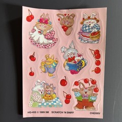 Vintage 3M Scratch & Sniff Cherry Bunny Sticker Sheet 1989