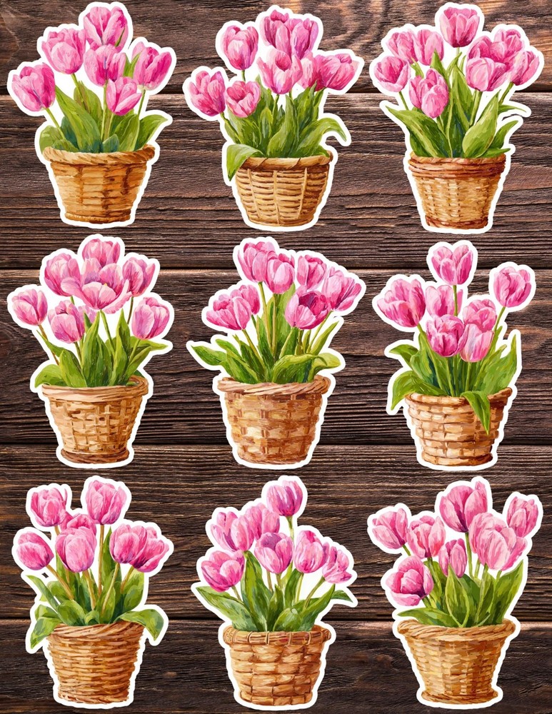 Basket of Tulips Die Cut Vinyl Stickers Set Notebook Laptop WaterBottle