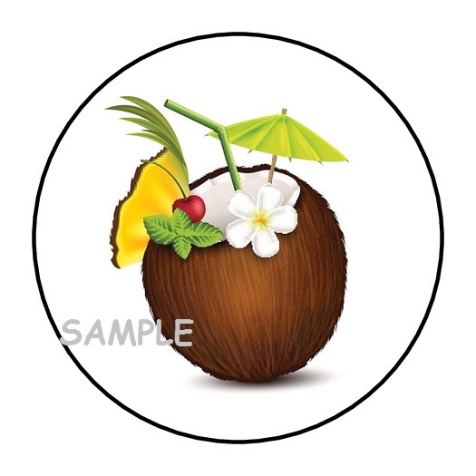 30 TROPICAL COCONUT DRINK ENVELOPE SEALS LABELS STICKERS 1.5″ ROUND