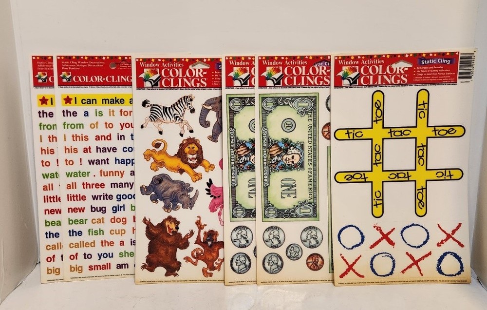 Vtg Window Color Static Clings Sheets Lot of 6 Words, Animals,Money, Tic Tac Toe