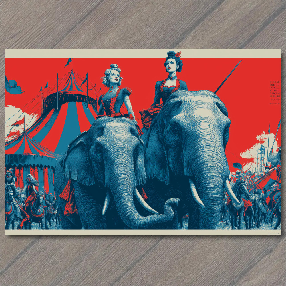 STICKER Elephant Parade Red Blue Circus Tent March Vintage Performers Riders
