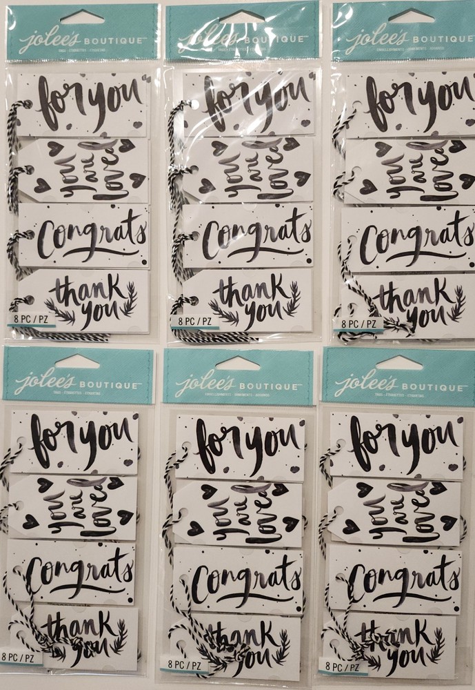 Lot of 6 packs JOLEE’S Boutique Black & White Brushy Sentiment Tags with ties
