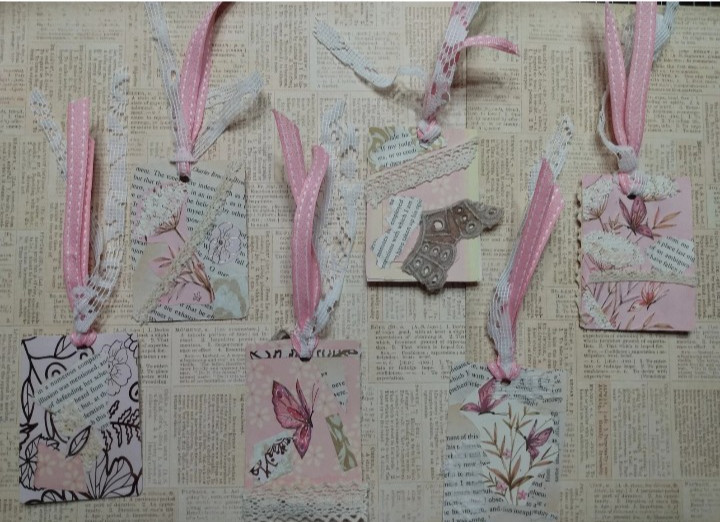 Six OOAK Junk Journal Double Sided Hang Tags Ephemera Scrapbooking VTG Handmade