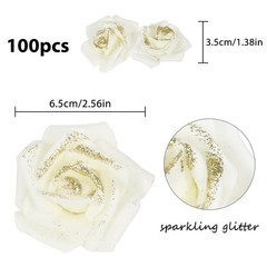 Gold Glitter Ivory Roses 100pcs Stemless Foam Flowers Artificial Real Looking…