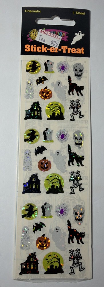 90s Sandylion Halloween Stick-er-Treat Prismatic Stickers Witch Ghost Spooky Vtg