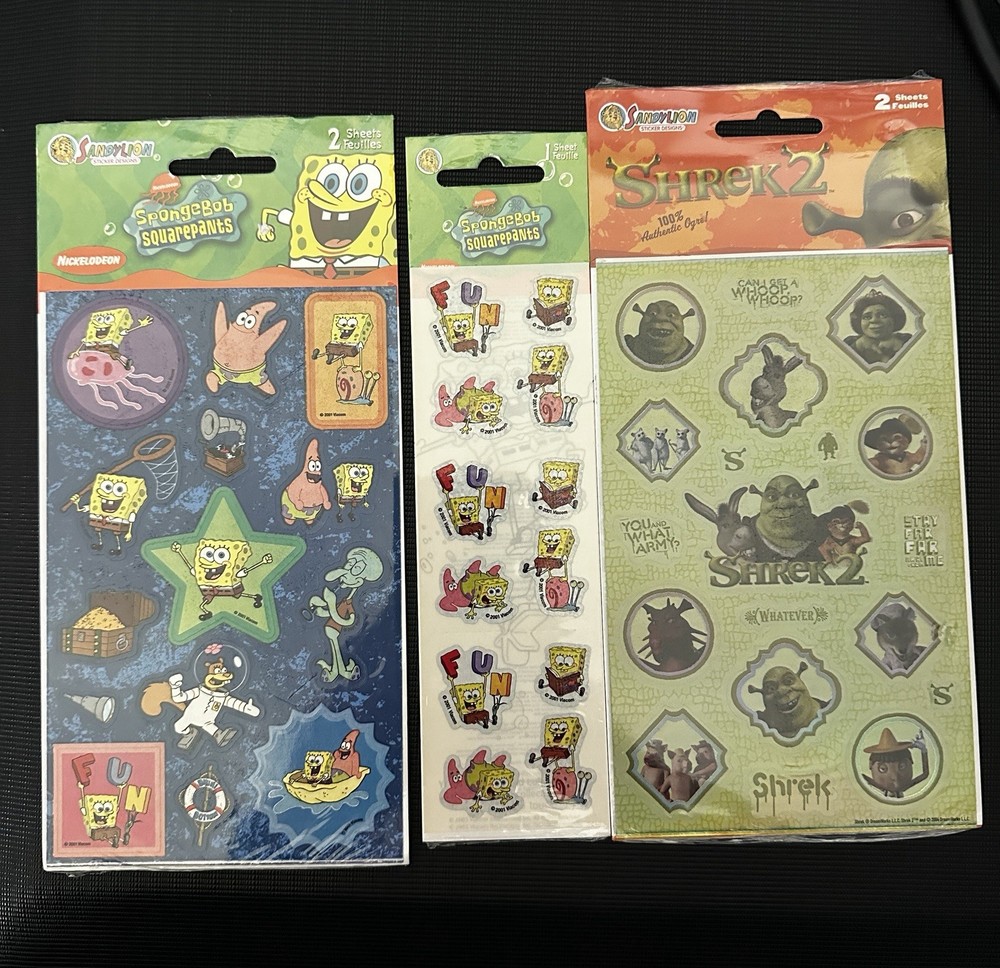 Unopened – Y2K Vintage Sandylion Cartoon Stickers lot SpongeBob & Shrek 2