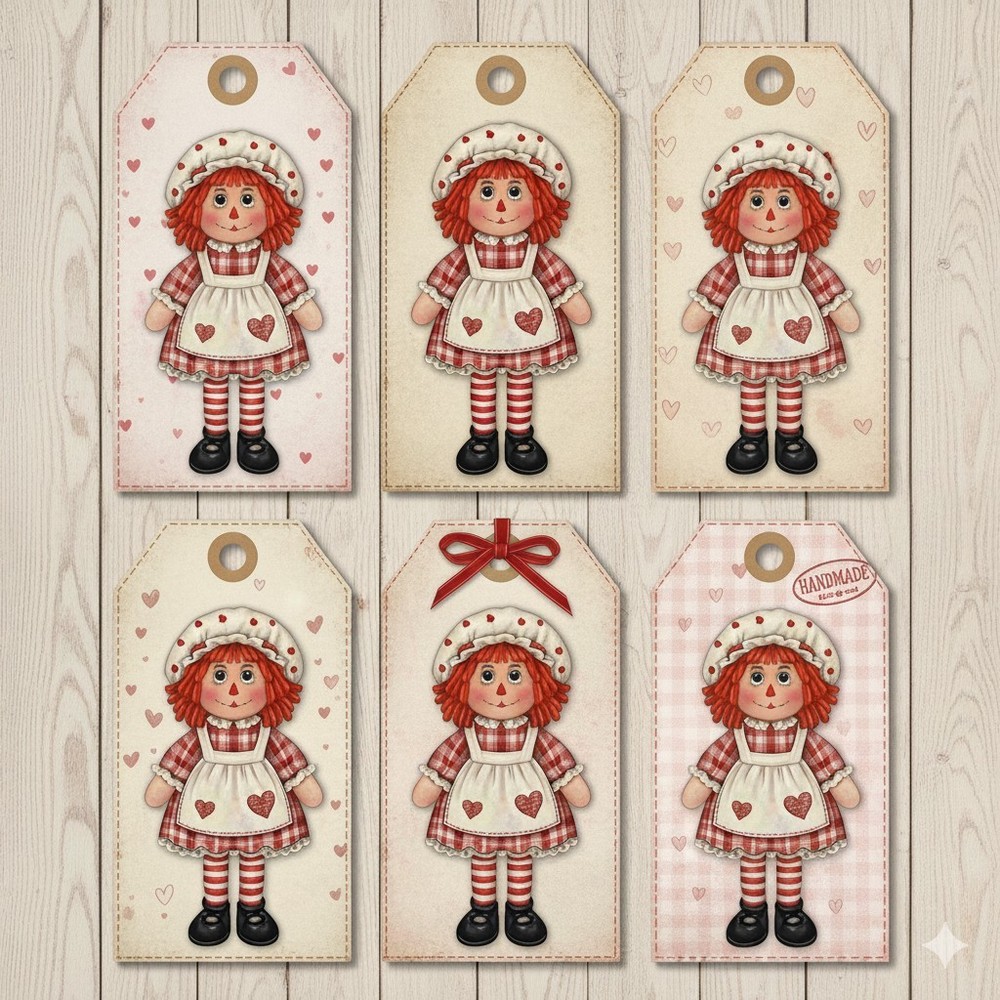 Set Of 12 Raggedy Ann Tags Junk Journal Scrapbook