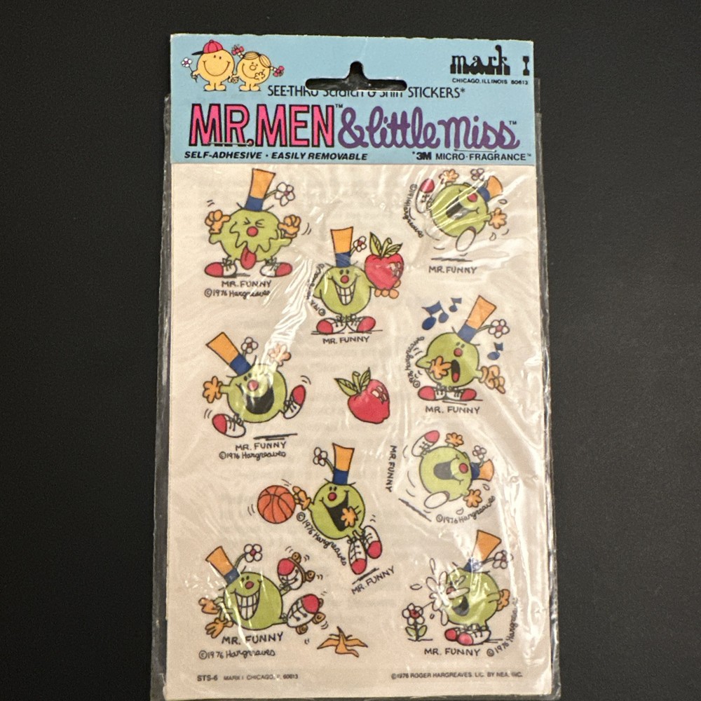 1976 SCRATCH N SNIFF MR. MEN AND LITTLE MISS STICKERS SEE THRU MARK • MR. FUNNY