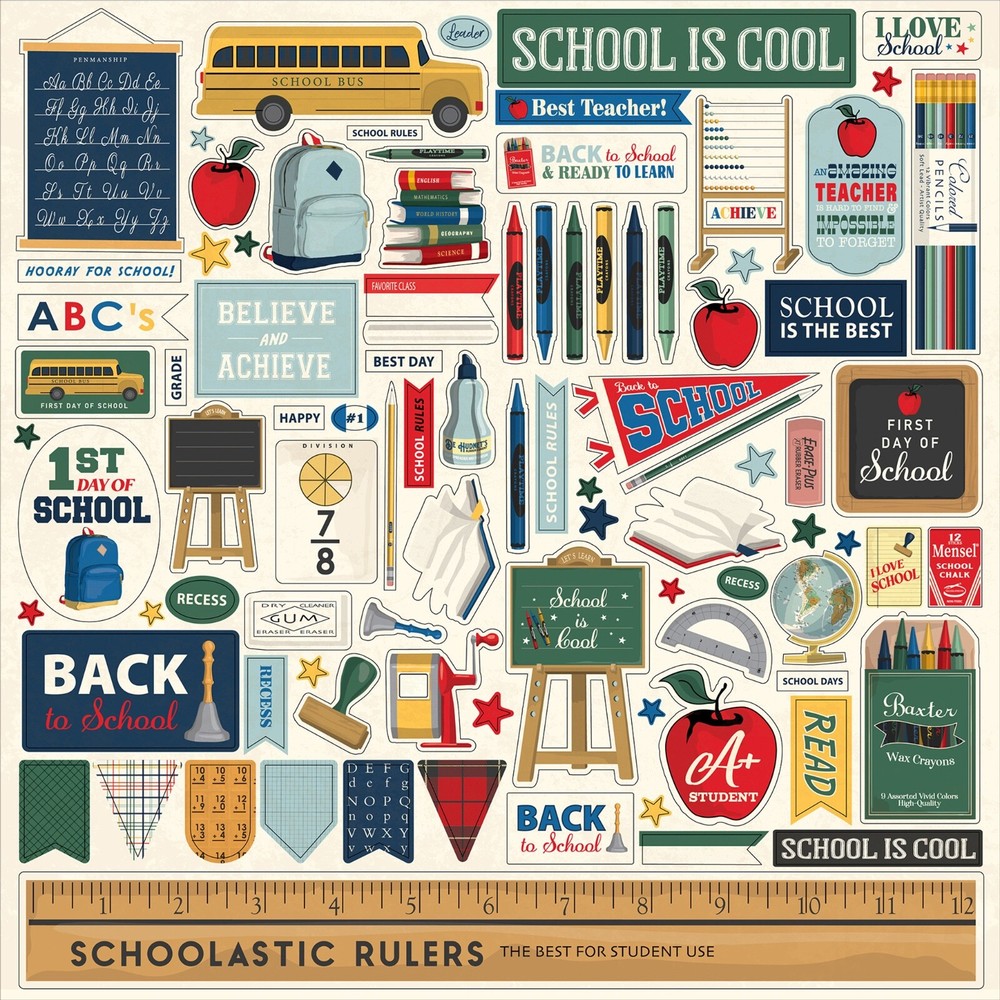 New! (1) 12×12 Sheet Carta Bella Paper BACK TO SCHOOL Scrapbook Element Stickers
