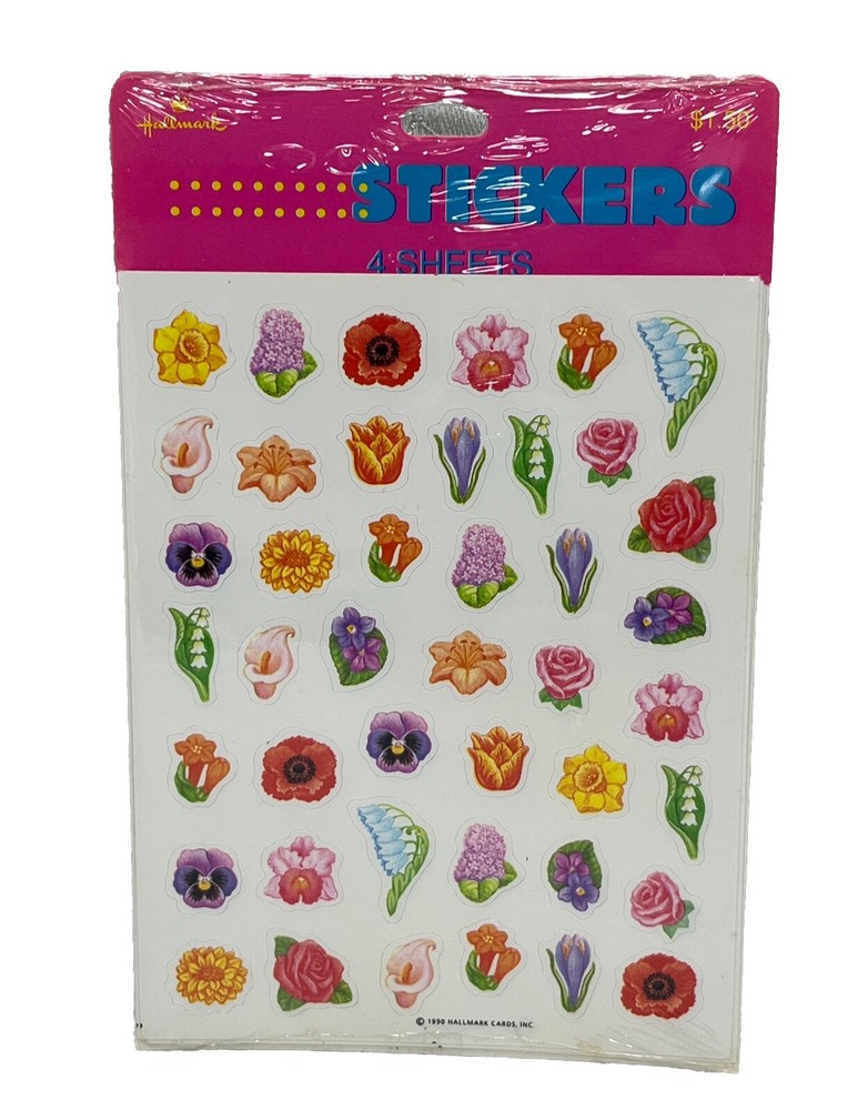 Vintage Hallmark Stickers Flowers Small Bright Colors 4 Sheets New 1990
