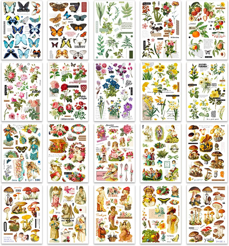 Vintage Washi Stickers, Ephemera Sticker 300+ Pcs Aesthetic Flower Plant Mushro