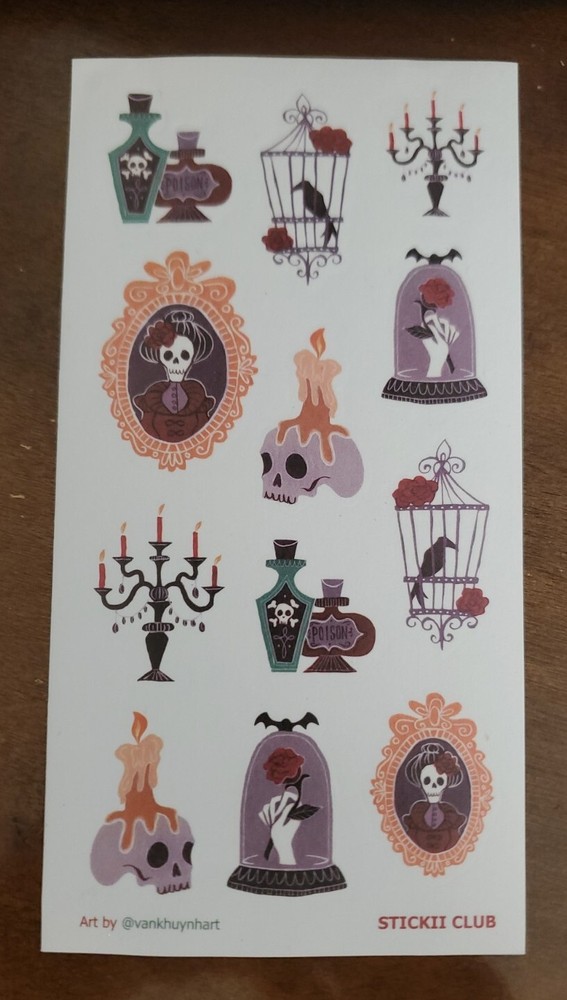 STICKII CLUB Halloween Gothic Skulls themed sticker sheet, art by vankhuynhart
