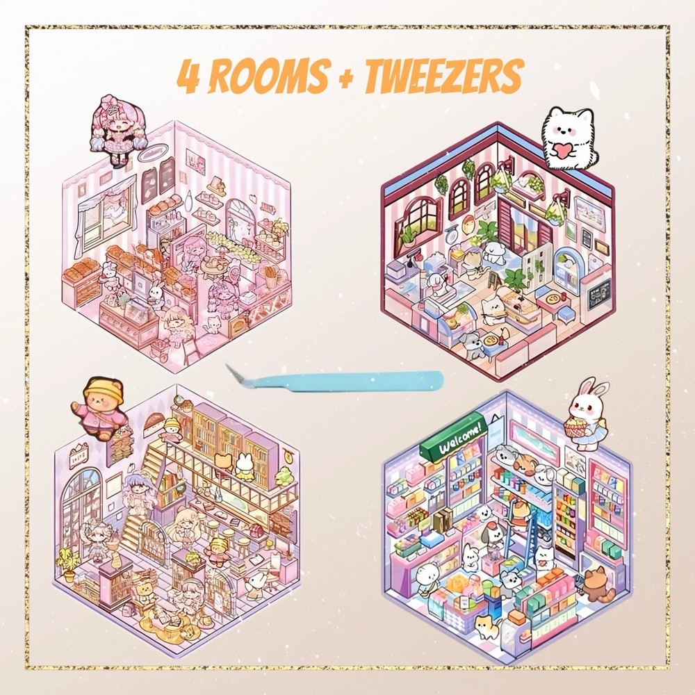 4 (3D) 5.5 x 4.9 Isometric Scene Rooms. Store, Library, Diner, and Bakery.