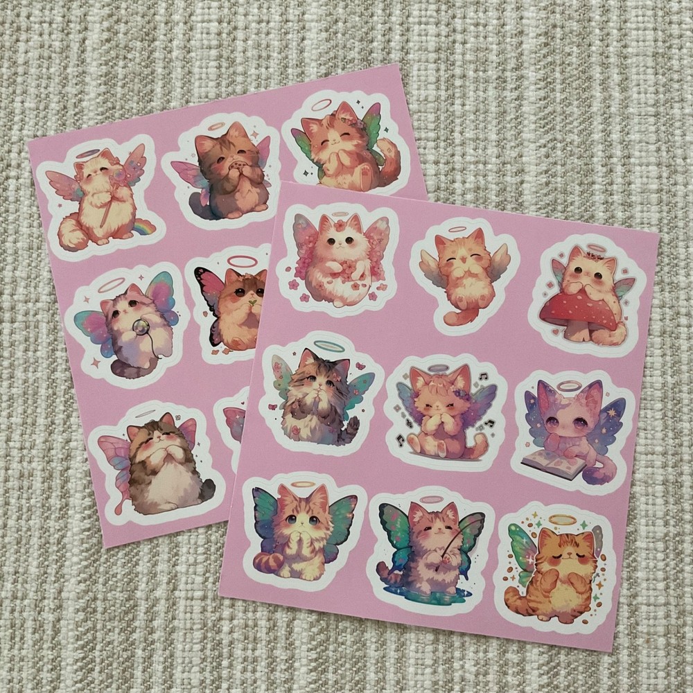 18 Angel Cat Stickers 1.6” Pastel Fairy Kitten Waterproof Decals