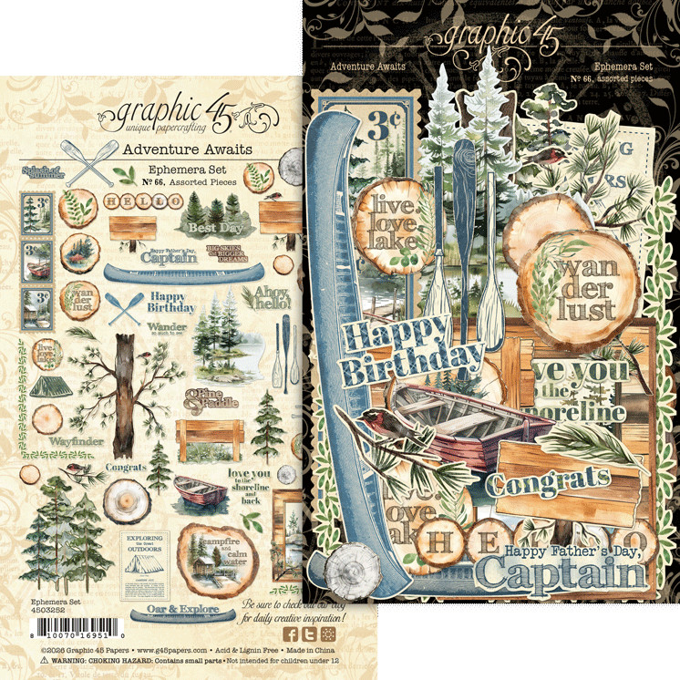 Graphic 45 ADVENTURE AWAITS Ephemera Assortment 66 Die Cut Pieces Lake Camping