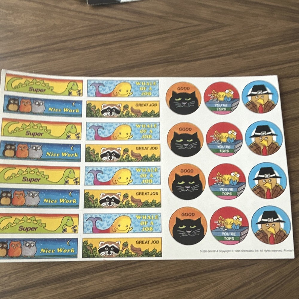 Lot of 2 Vintage Scholastic Sticker Sheets 1986 1987 Teacher Rewards Retro 80s