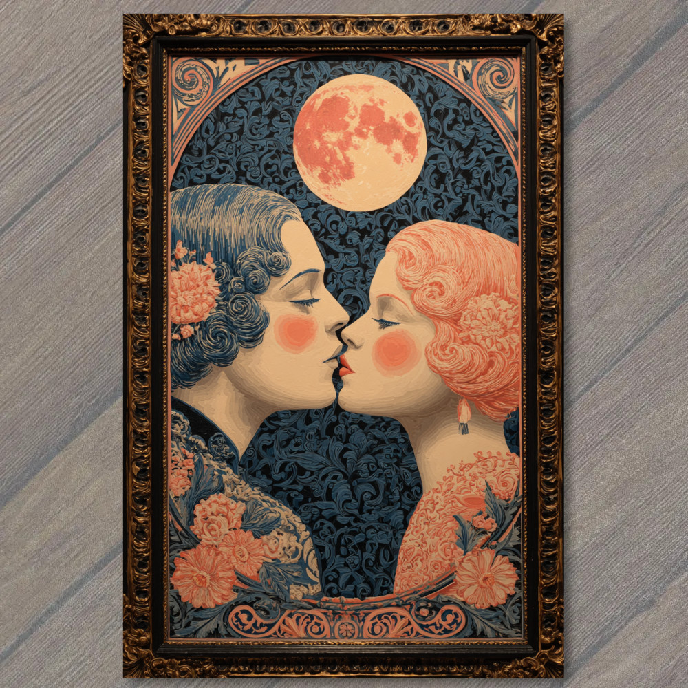 STICKER Lovers Under Moon Art Deco Style Floral Frame Romantic Night Lesbian