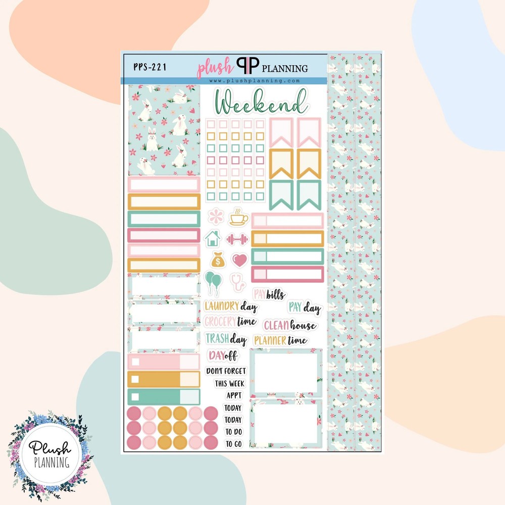 Kawaii Cute Bunny Floral Pattern Planner Stickers Sampler, Floral Pattern,