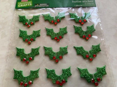 CHRISTMAS PAPER CRAFTS 3D FOAM STICKER GREEN GLITTER HOLLY 12PCS