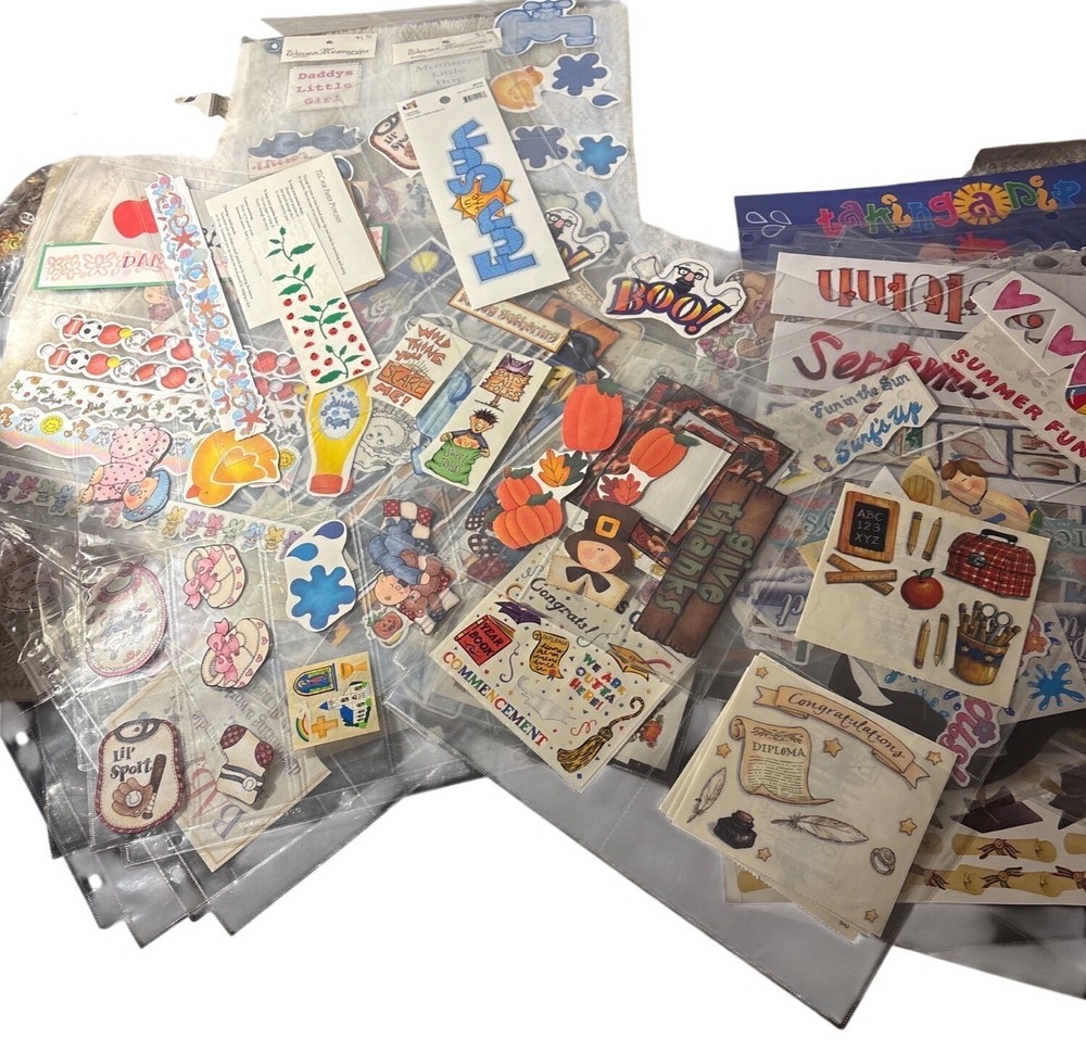 Large Scrapbooking Sticker Ephemera Lot School Baby Holiday Plus Binder Sleeves