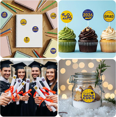90PCS Blue Gold Class of 2026 Graduation Stickers, 9 Styles Congrats Grad Envelo