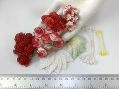 35 Mixed RED Paper Flower Leaves Stamens Wedding Craft Card Scrapbook TH/4K-12a