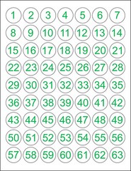 Consecutive Number Stickers 1-63 or 64-126 Sequential 1″ Round Circle Labels