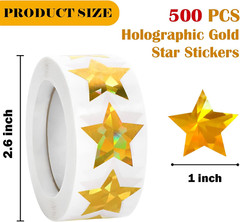 500 Pcs Holographic Gold Star Stickers for Kids Reward, 1 Inch Self Adhesive Met