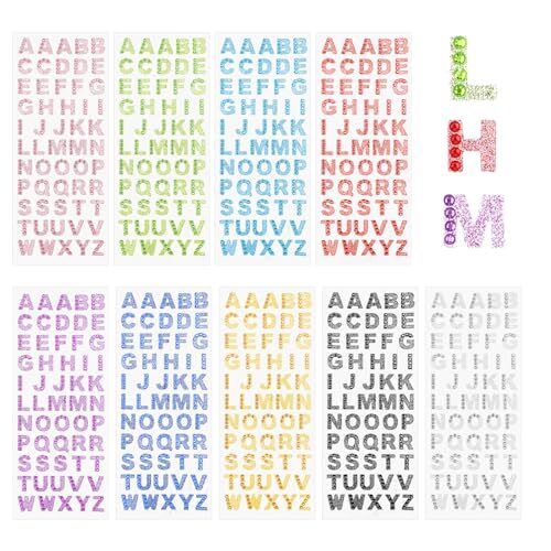 495 Pieces Glitter Alphabet Stickers, 9 Sheets 0.6″ A-Z Rhinestone Letter