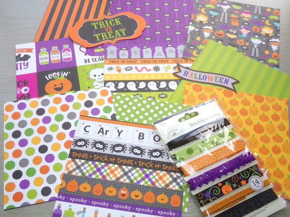 Doodlebug Design Halloween Cardstock 6×6 Scrapbook Junk Journal Die Cuts Ribbon
