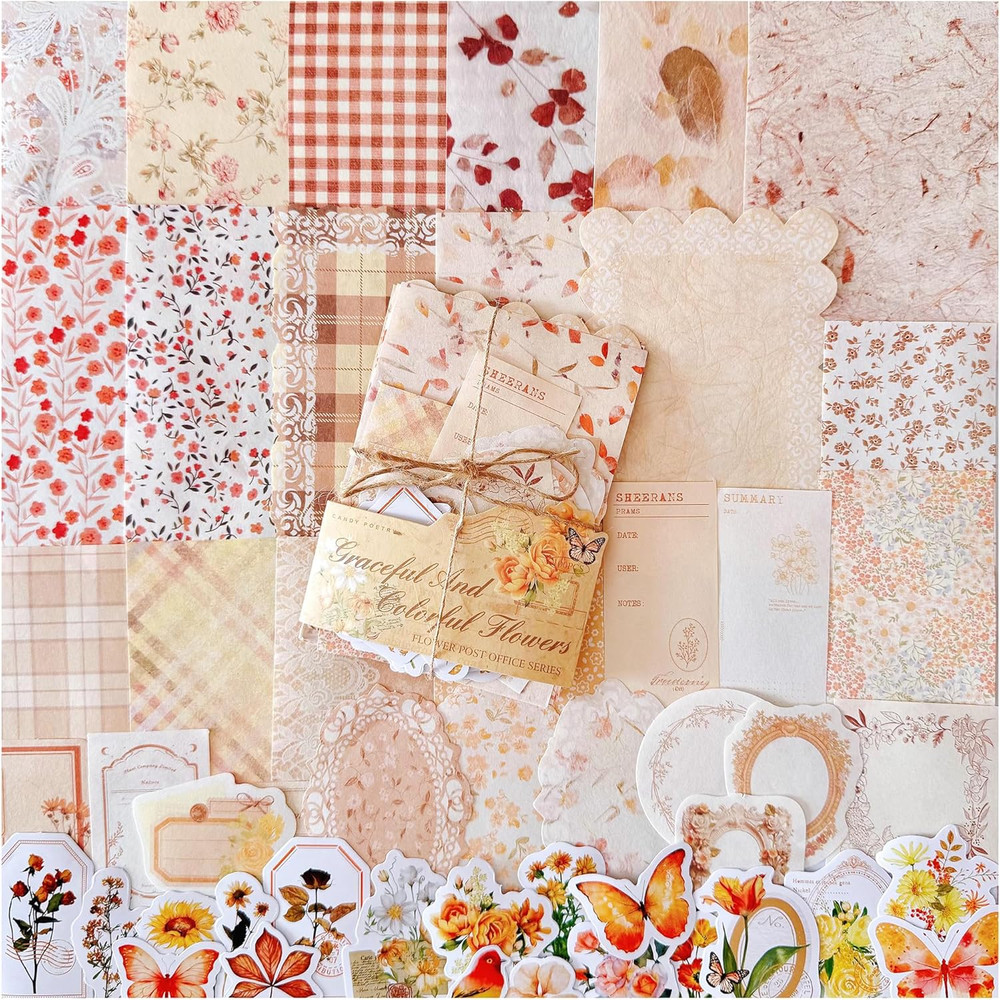 100Pcs Vintage Floral Scrapbook Paper Journaling Stickers Assorted Set, Material