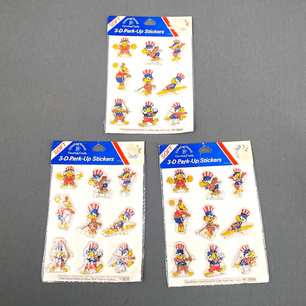 Vtg Drawing Board 3D Perk-Up Puffy Stickers 80s L.A. Olympics Uncle Sam Sports
