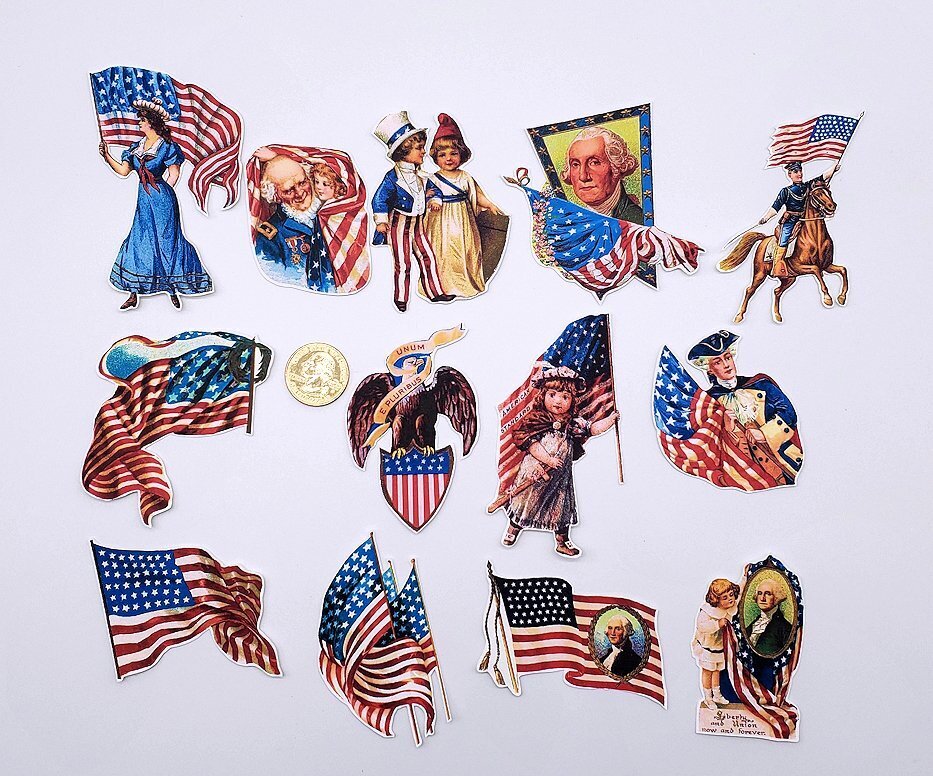 13-4th Of July-Patriotic-Handmade-Fussy Cut-Linen Cardstock-Labels-Stickers