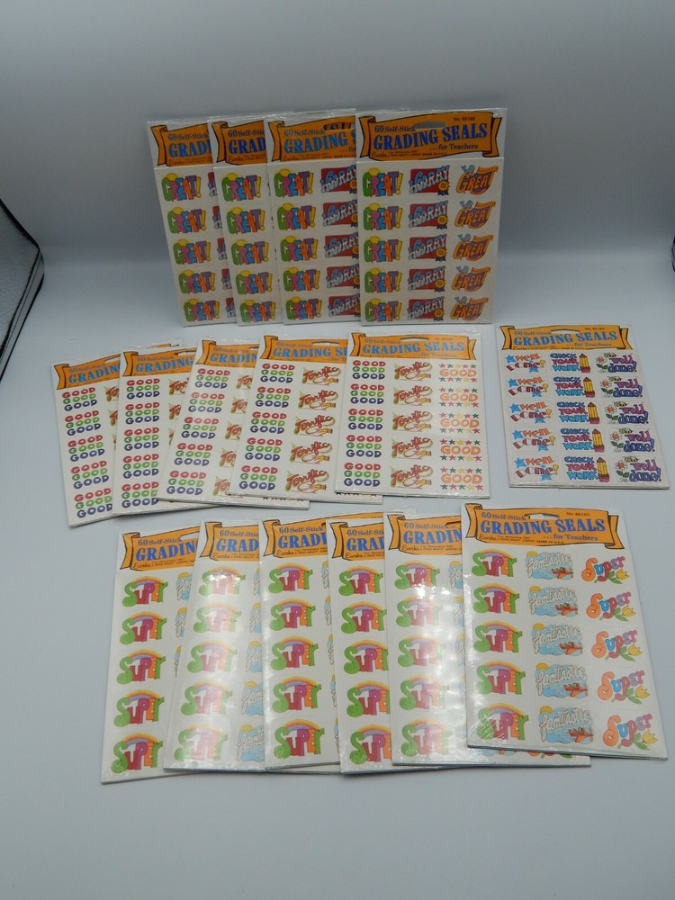 16 – VTG Eureka 60 Count Self-stick Grading Seals Sticker Sheets – Teacher BE191