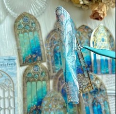 10PC XL P.E.T. Stained Glass Church Window Stickers Blue Gardenias-DIY Crafts
