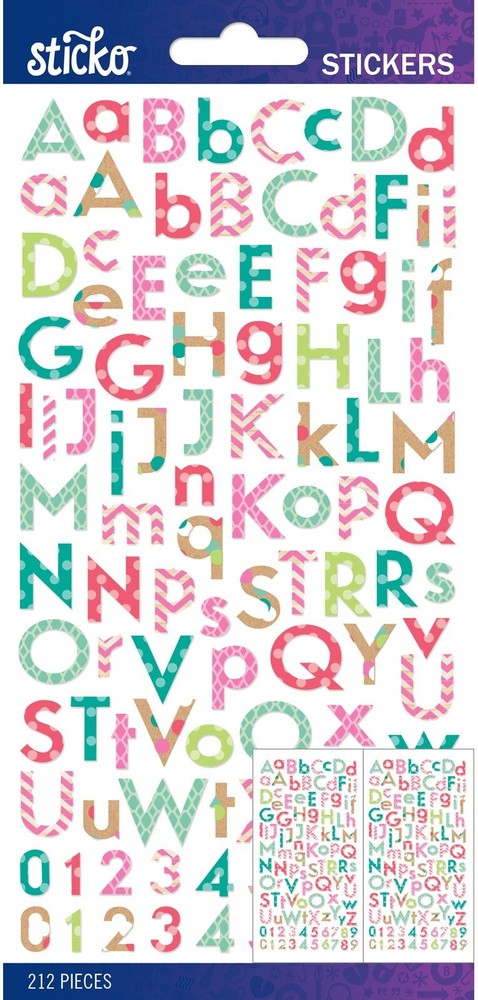 STICKO ALPHABET STICKERS – BRIGHT MULTI PATTERN SMALL – Approx 14 mm – 2 SHEETS