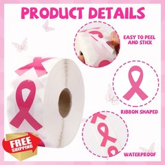 DECYOOL 800 Pcs Pink Ribbon Stickers Roll, Breast Cancer Awareness Helmet Fac…