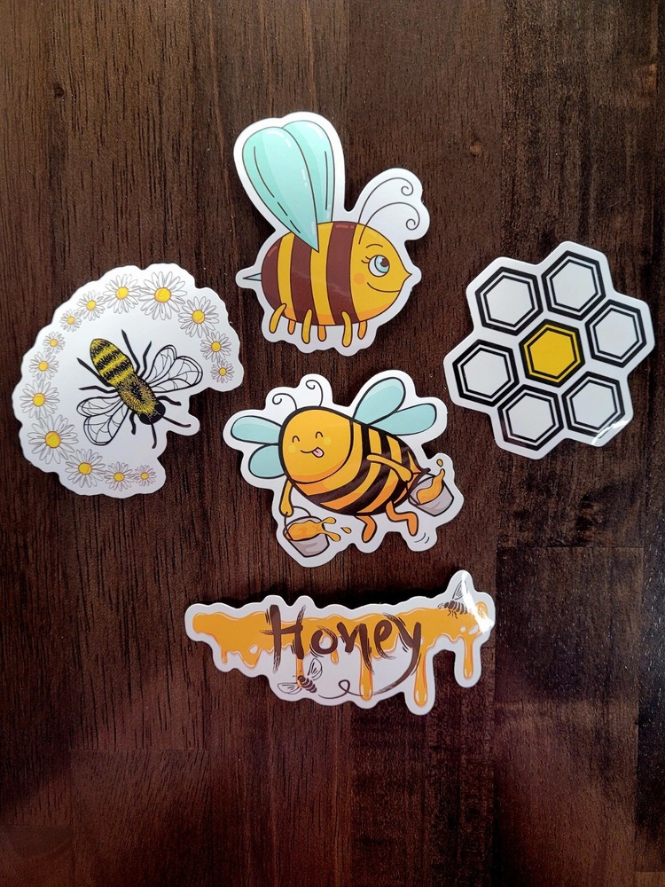 STICKERS x 5 Honey Bee Happy Apiculture Beehive Cartoon Large Sticker BEE9A