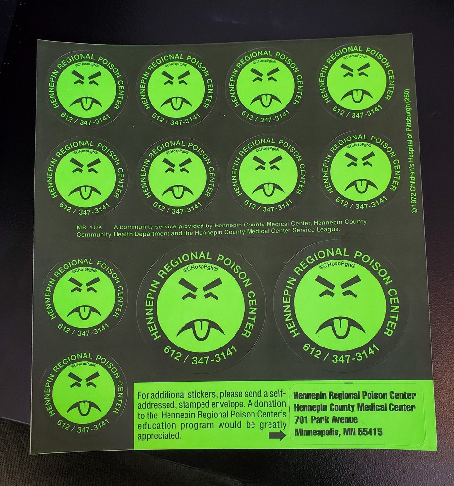 1972 MR. YUK Hennepin Regional Poison Center Sticker Sheets X2 Minneapolis MN