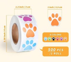 1000 Pcs Sticker Roll Dog Paw Print Design Semi Gloss Self Adhesive 2 Rolls