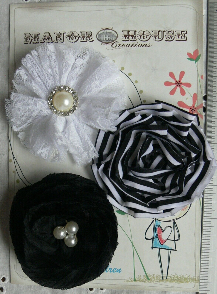 SPECIAL Mixed BLACK & WHITE Fabric & Lace 3 Flower Pack – 70-75mm Manor House