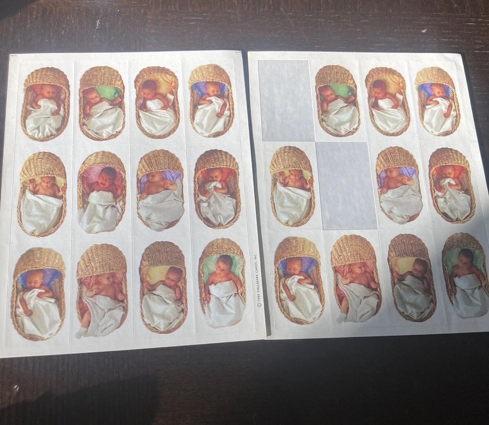 Vintage Hallmark Stickers Babies Infants Wicker Baskets 2 Sheets Baby 1995