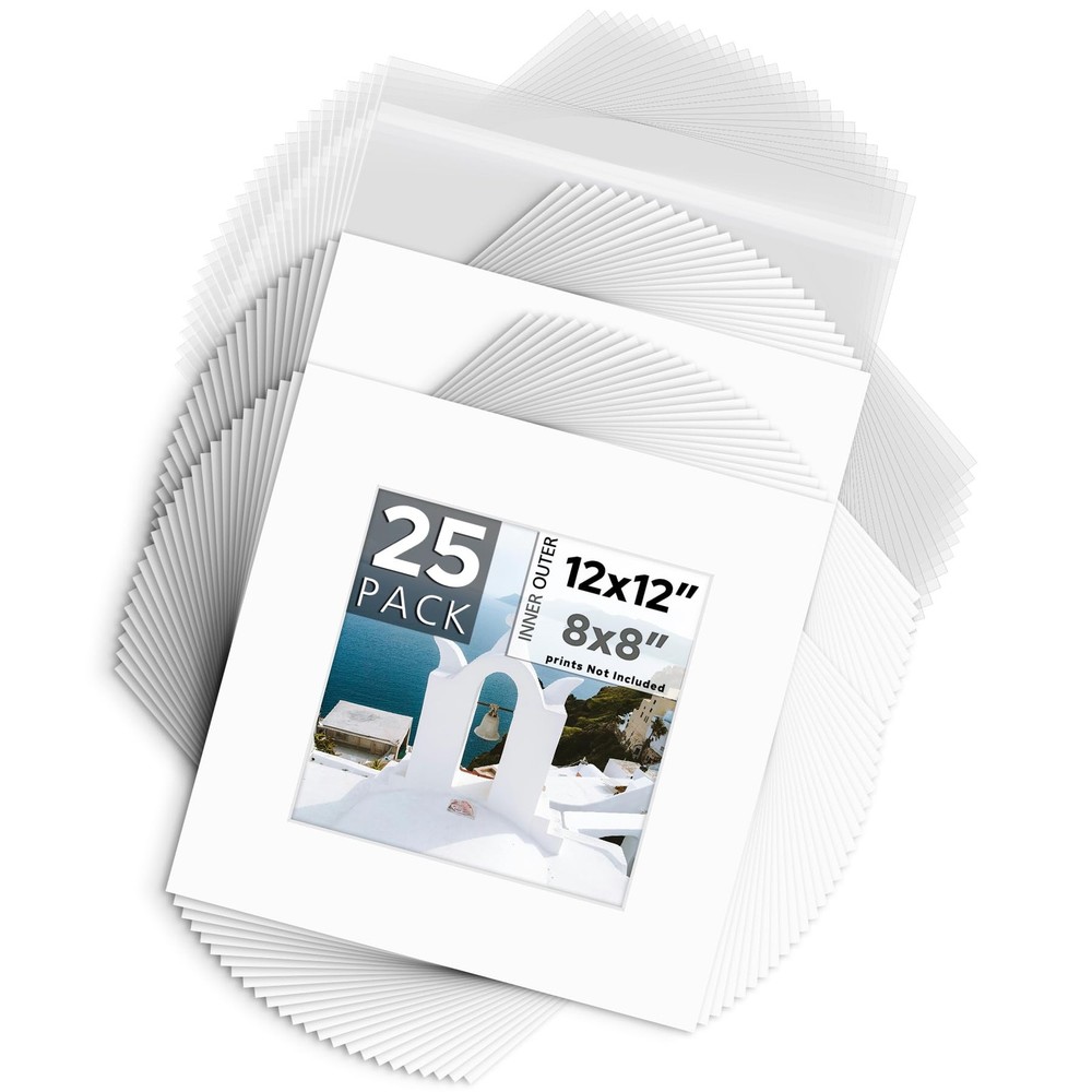 Mat Board Center, Pack of 25 12×12 Photo Mat + Backing + Bag, Pre Cut mat Boa…