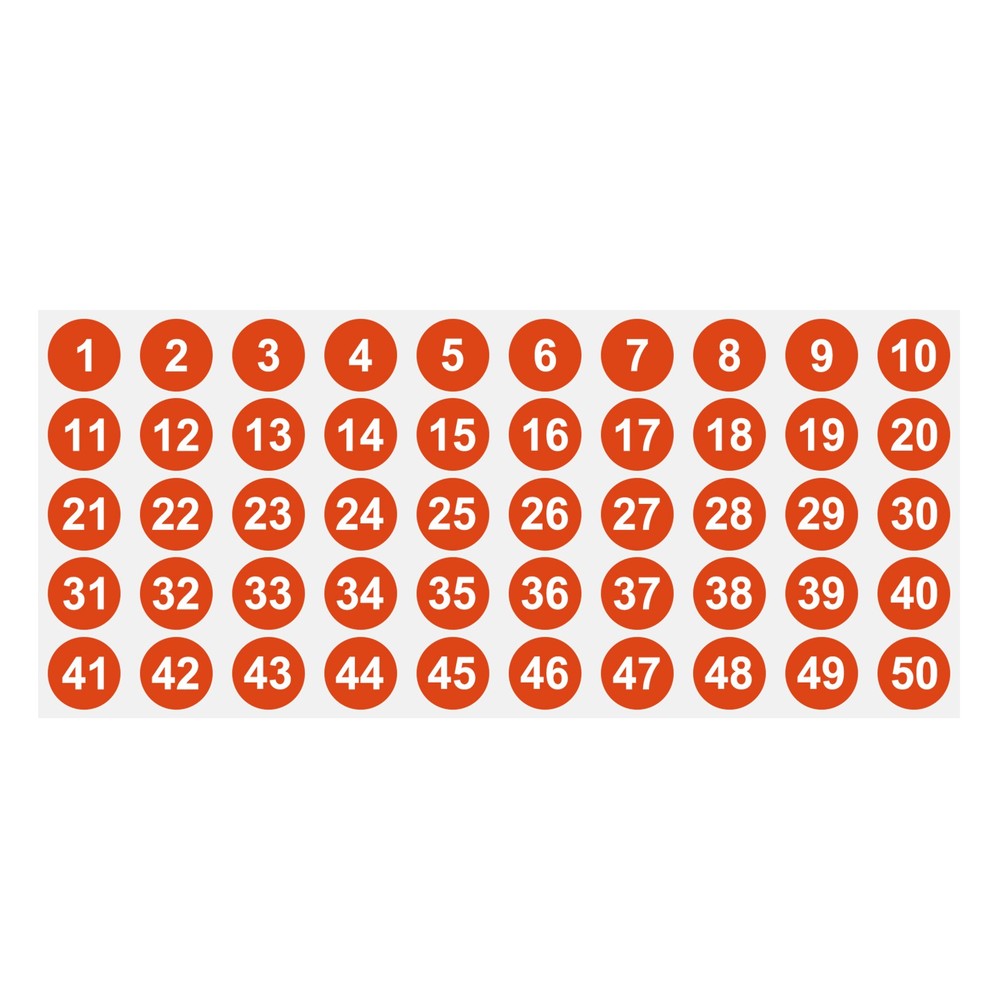 1 to 50 Number Stickers 1 Inch, Consecutive Vinyl Round Labels Dot Decals, Red