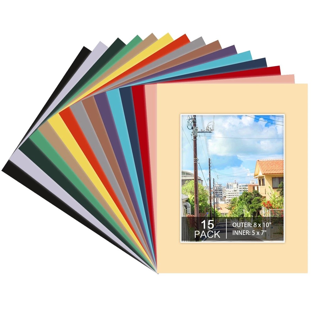 15 Pack 8×10 Picture Mats, Mixed Colors Frame Mattes for 5×7 Pictures Photo F…
