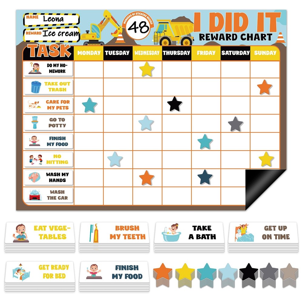 Magnetic Reward Chart for Kids at Home Construction Theme I Did It Motivate B…